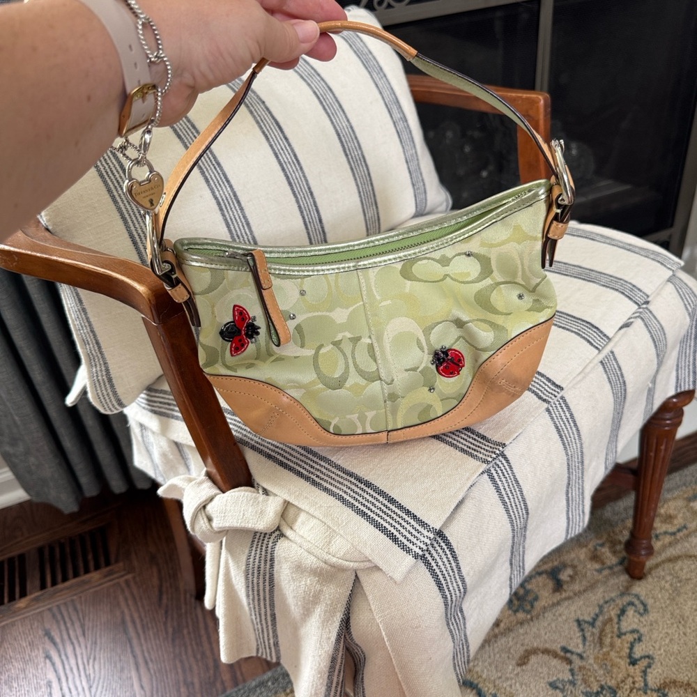 Coach Green and Tan Shoulder Bag with Red Accents